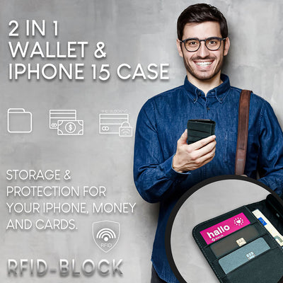 NALIA Echtlederhülle für iPhone 15 Plus – RFID Wallet & Magnet-Verschluss – LEVANTO (Handgefertigte Klapphülle) – Marke aus Berlin Dunkelblau NALIA Protective Hülle