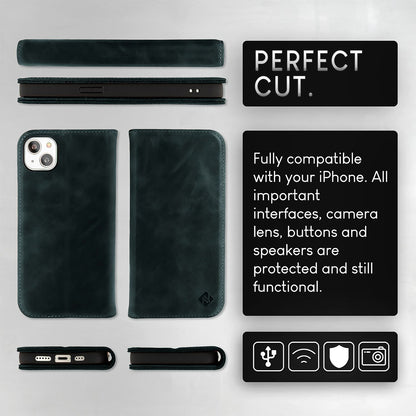 NALIA Echt-Leder Flipcase für iPhone 15 Plus Hülle, Rindsleder Schutzhülle Lederhülle RFID-Schutz, Aufstellbar Klappbar