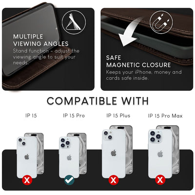 NALIA Echtlederhülle für iPhone 15 Pro – RFID Wallet & Magnet-Verschluss – LEVANTO (Handgefertigte Klapphülle) – Marke aus Berlin Dunkel-Braun NALIA Protective Hülle