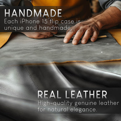 NALIA Echt-Leder Flipcase für iPhone 15 Pro Hülle, Rindsleder Schutzhülle Lederhülle RFID-Schutz, Aufstellbar Klappbar