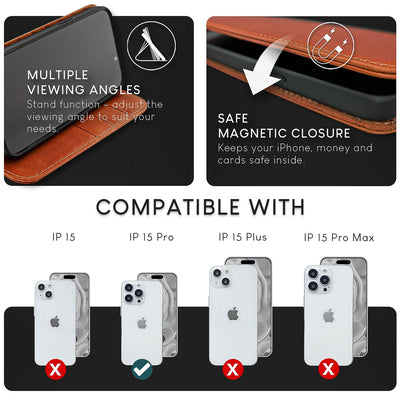 NALIA Echtlederhülle für iPhone 15 Pro – RFID Wallet & Magnet-Verschluss – LEVANTO (Handgefertigte Klapphülle) – Marke aus Berlin Braun NALIA Protective Hülle