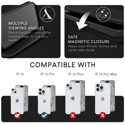 NALIA Echtlederhülle für iPhone 15 Pro – RFID Wallet & Magnet-Verschluss – LEVANTO (Handgefertigte Klapphülle) – Marke aus Berlin Schwarz NALIA Protective Hülle