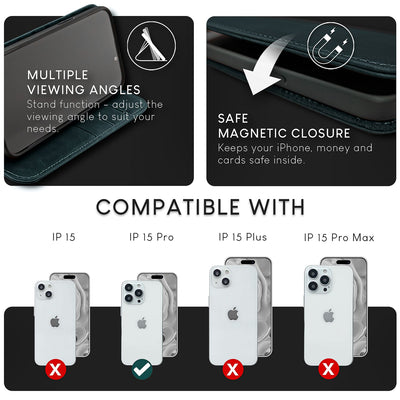 NALIA Echtlederhülle für iPhone 15 Pro – RFID Wallet & Magnet-Verschluss – LEVANTO (Handgefertigte Klapphülle) – Marke aus Berlin Dunkelblau NALIA Protective Hülle