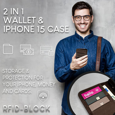 NALIA Echtlederhülle für iPhone 15 Pro Max – RFID Wallet & Magnet-Verschluss – LEVANTO (Handgefertigte Klapphülle) – Marke aus Berlin Dunkel-Braun NALIA Protective Hülle