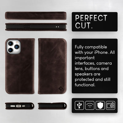 NALIA Echtlederhülle für iPhone 15 Pro Max – RFID Wallet & Magnet-Verschluss – LEVANTO (Handgefertigte Klapphülle) – Marke aus Berlin Dunkel-Braun NALIA Protective Hülle