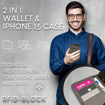 NALIA Echtlederhülle für iPhone 15 Pro Max – RFID Wallet & Magnet-Verschluss – LEVANTO (Handgefertigte Klapphülle) – Marke aus Berlin Dunkelgrau NALIA Protective Hülle