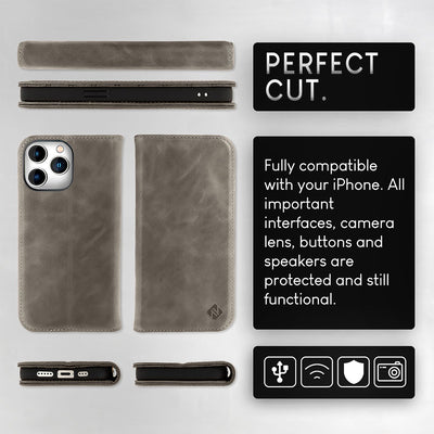 NALIA Echtlederhülle für iPhone 15 Pro Max – RFID Wallet & Magnet-Verschluss – LEVANTO (Handgefertigte Klapphülle) – Marke aus Berlin Dunkelgrau NALIA Protective Hülle