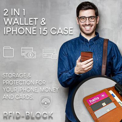 NALIA Echtlederhülle für iPhone 15 Pro Max – RFID Wallet & Magnet-Verschluss – LEVANTO (Handgefertigte Klapphülle) – Marke aus Berlin Braun NALIA Protective Hülle