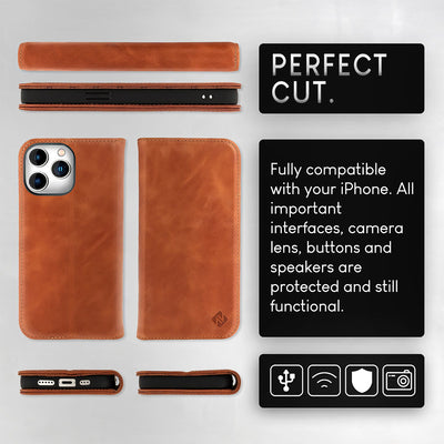 NALIA Echtlederhülle für iPhone 15 Pro Max – RFID Wallet & Magnet-Verschluss – LEVANTO (Handgefertigte Klapphülle) – Marke aus Berlin Braun NALIA Protective Hülle