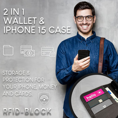 NALIA Echtlederhülle für iPhone 15 Pro Max – RFID Wallet & Magnet-Verschluss – LEVANTO (Handgefertigte Klapphülle) – Marke aus Berlin Schwarz NALIA Protective Hülle