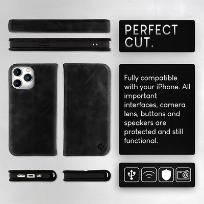 NALIA Echtlederhülle für iPhone 15 Pro Max – RFID Wallet & Magnet-Verschluss – LEVANTO (Handgefertigte Klapphülle) – Marke aus Berlin Schwarz NALIA Protective Hülle
