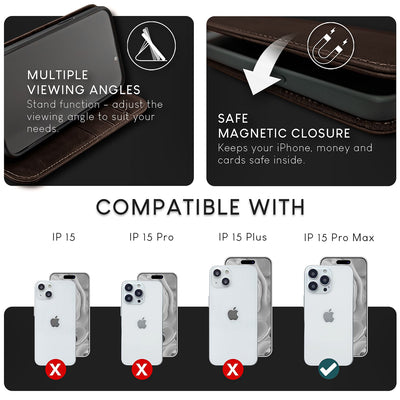 NALIA Echtlederhülle für iPhone 15 Pro Max – RFID Wallet & Magnet-Verschluss – LEVANTO (Handgefertigte Klapphülle) – Marke aus Berlin Dunkel-Braun NALIA Protective Hülle