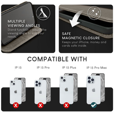 NALIA Echtlederhülle für iPhone 15 Pro Max – RFID Wallet & Magnet-Verschluss – LEVANTO (Handgefertigte Klapphülle) – Marke aus Berlin Dunkelgrau NALIA Protective Hülle