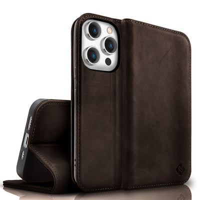 NALIA Echtlederhülle für iPhone 15 Pro Max – RFID Wallet & Magnet-Verschluss – LEVANTO (Handgefertigte Klapphülle) – Marke aus Berlin Dunkel-Braun NALIA Protective Hülle