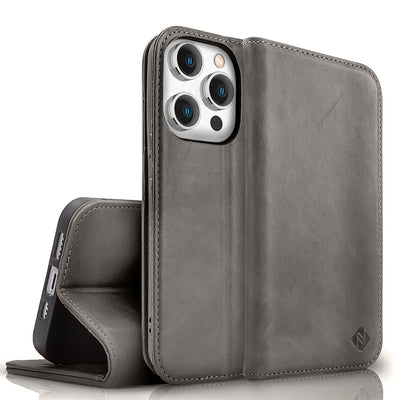 NALIA Echtlederhülle für iPhone 15 Pro Max – RFID Wallet & Magnet-Verschluss – LEVANTO (Handgefertigte Klapphülle) – Marke aus Berlin Dunkelgrau NALIA Protective Hülle