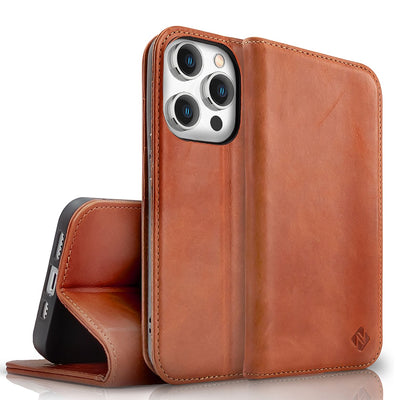 NALIA Echtlederhülle für iPhone 15 Pro Max – RFID Wallet & Magnet-Verschluss – LEVANTO (Handgefertigte Klapphülle) – Marke aus Berlin Braun NALIA Protective Hülle