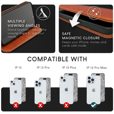 NALIA Echtlederhülle für iPhone 15 Pro Max – RFID Wallet & Magnet-Verschluss – LEVANTO (Handgefertigte Klapphülle) – Marke aus Berlin Braun NALIA Protective Hülle