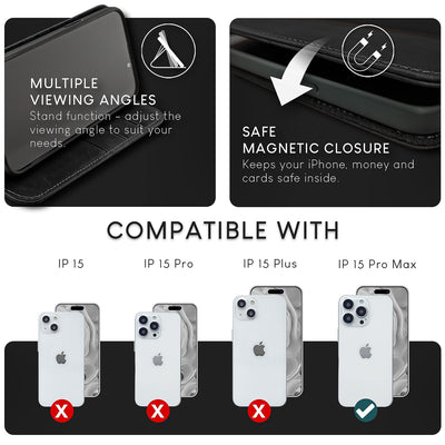 NALIA Echtlederhülle für iPhone 15 Pro Max – RFID Wallet & Magnet-Verschluss – LEVANTO (Handgefertigte Klapphülle) – Marke aus Berlin Schwarz NALIA Protective Hülle