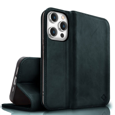 NALIA Echtlederhülle für iPhone 15 Pro Max – RFID Wallet & Magnet-Verschluss – LEVANTO (Handgefertigte Klapphülle) – Marke aus Berlin Dunkelblau NALIA Protective Hülle