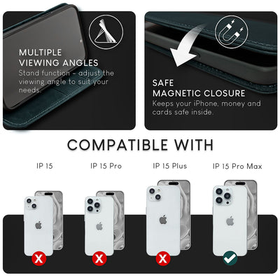 NALIA Echtlederhülle für iPhone 15 Pro Max – RFID Wallet & Magnet-Verschluss – LEVANTO (Handgefertigte Klapphülle) – Marke aus Berlin Dunkelblau NALIA Protective Hülle