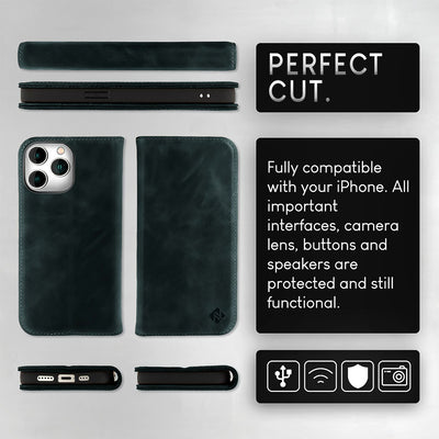 NALIA Echtlederhülle für iPhone 15 Pro Max – RFID Wallet & Magnet-Verschluss – LEVANTO (Handgefertigte Klapphülle) – Marke aus Berlin Dunkelblau NALIA Protective Hülle
