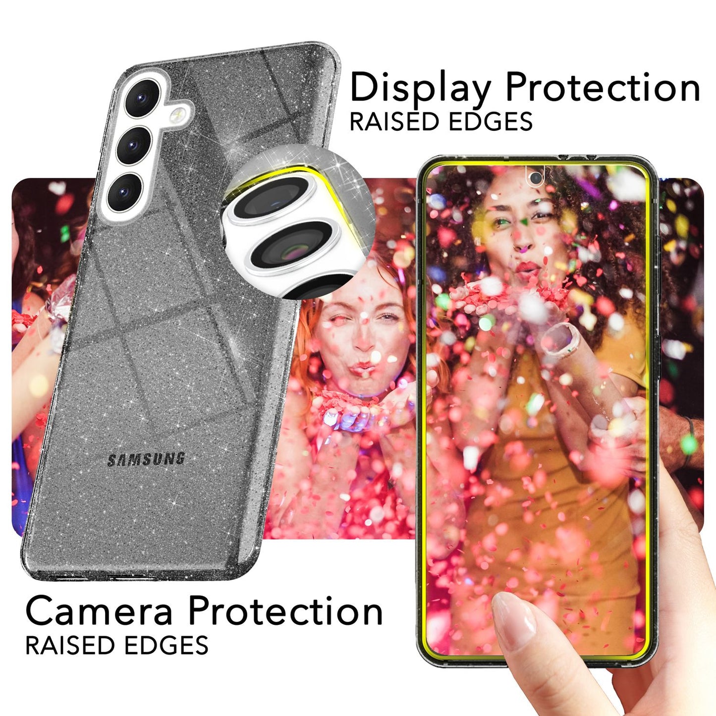 NALIA Glitzernde Schutzhülle für Samsung Galaxy S24 Hülle, Durchsichtige Silikon Handyhülle mit integrierten Pailletten
