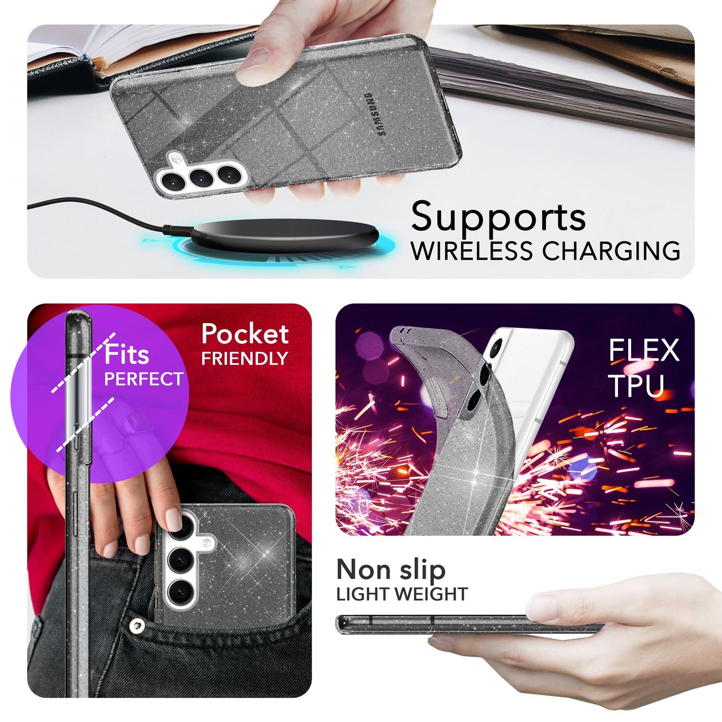 NALIA Glitzernde Schutzhülle für Samsung Galaxy S24 Hülle, Durchsichtige Silikon Handyhülle mit integrierten Pailletten