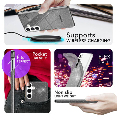 NALIA Glitzerhülle für Samsung Galaxy S24 Plus – Funkelndes Silikon Case – DAZZLIN (Transparent & Stoßfest) – Marke aus Berlin Schwarz NALIA Transparente Hülle