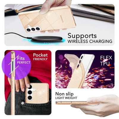 NALIA Glitzerhülle für Samsung Galaxy S24 Plus – Funkelndes Silikon Case – DAZZLIN (Transparent & Stoßfest) – Marke aus Berlin Gold NALIA Transparente Hülle