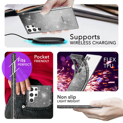 NALIA Glitzerhülle für Samsung Galaxy S24 Ultra – Funkelndes Silikon Case – DAZZLIN (Transparent & Stoßfest) – Marke aus Berlin Schwarz NALIA Transparente Hülle