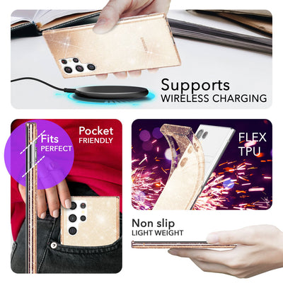 NALIA Glitzerhülle für Samsung Galaxy S24 Ultra – Funkelndes Silikon Case – DAZZLIN (Transparent & Stoßfest) – Marke aus Berlin Gold NALIA Transparente Hülle