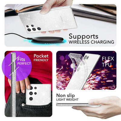 NALIA Glitzerhülle für Samsung Galaxy S24 Ultra – Funkelndes Silikon Case – DAZZLIN (Transparent & Stoßfest) – Marke aus Berlin Transparent NALIA Transparente Hülle
