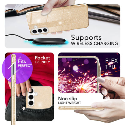 NALIA Glitzerhülle für Samsung Galaxy S24 – Funkelnder Glitzer-Look & Grip – SHINEPOP (Silikon Case) – Marke aus Berlin Gold NALIA Protective Hülle
