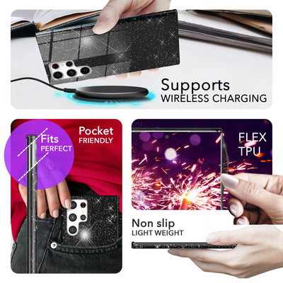 NALIA Glitzerhülle für Samsung Galaxy S24 Ultra – Funkelnder Glitzer-Look & Grip – SHINEPOP (Silikon Case) – Marke aus Berlin Schwarz NALIA Protective Hülle
