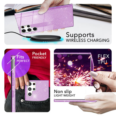 NALIA Glitzerhülle für Samsung Galaxy S24 Ultra – Funkelnder Glitzer-Look & Grip – SHINEPOP (Silikon Case) – Marke aus Berlin Lila NALIA Protective Hülle