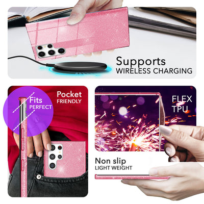 NALIA Glitzerhülle für Samsung Galaxy S24 Ultra – Funkelnder Glitzer-Look & Grip – SHINEPOP (Silikon Case) – Marke aus Berlin Pink NALIA Protective Hülle