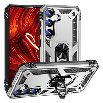 NALIA Panzerhülle für Samsung Galaxy S24 – Ring-Ständer 360° & Magnet-Halterung Kompatibel – RINGDEFEND (Stoßfestes Outdoor Case) – Marke aus Berlin Silber NALIA Outdoor Hülle