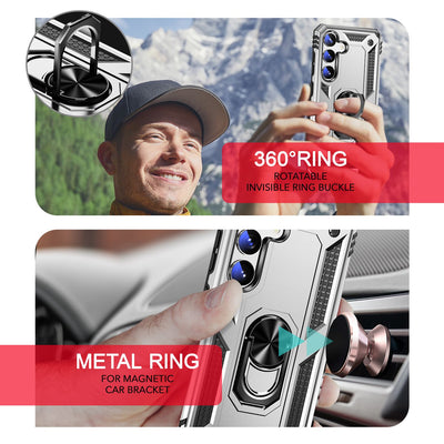 NALIA Panzerhülle für Samsung Galaxy S24 – Ring-Ständer 360° & Magnet-Halterung Kompatibel – RINGDEFEND (Stoßfestes Outdoor Case) – Marke aus Berlin Silber NALIA Outdoor Hülle