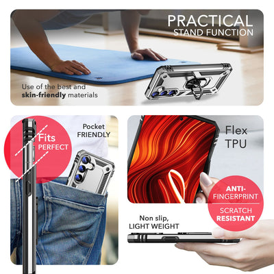 NALIA Panzerhülle für Samsung Galaxy S24 – Ring-Ständer 360° & Magnet-Halterung Kompatibel – RINGDEFEND (Stoßfestes Outdoor Case) – Marke aus Berlin Silber NALIA Outdoor Hülle