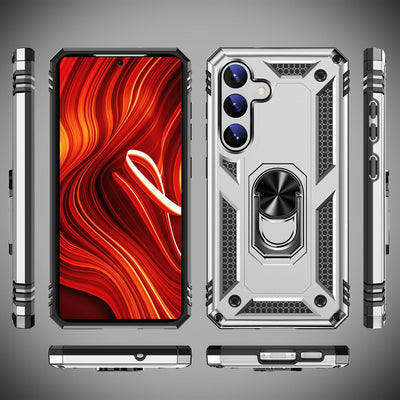 NALIA Panzerhülle für Samsung Galaxy S24 – Ring-Ständer 360° & Magnet-Halterung Kompatibel – RINGDEFEND (Stoßfestes Outdoor Case) – Marke aus Berlin Silber NALIA Outdoor Hülle
