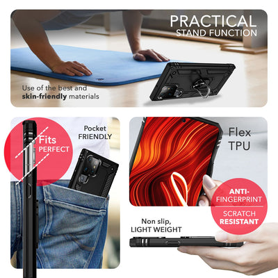 NALIA Panzerhülle für Samsung Galaxy S24 Ultra – Ring-Ständer 360° & Magnet-Halterung Kompatibel – RINGDEFEND (Stoßfestes Outdoor Case) – Marke aus Berlin Schwarz NALIA Outdoor Hülle