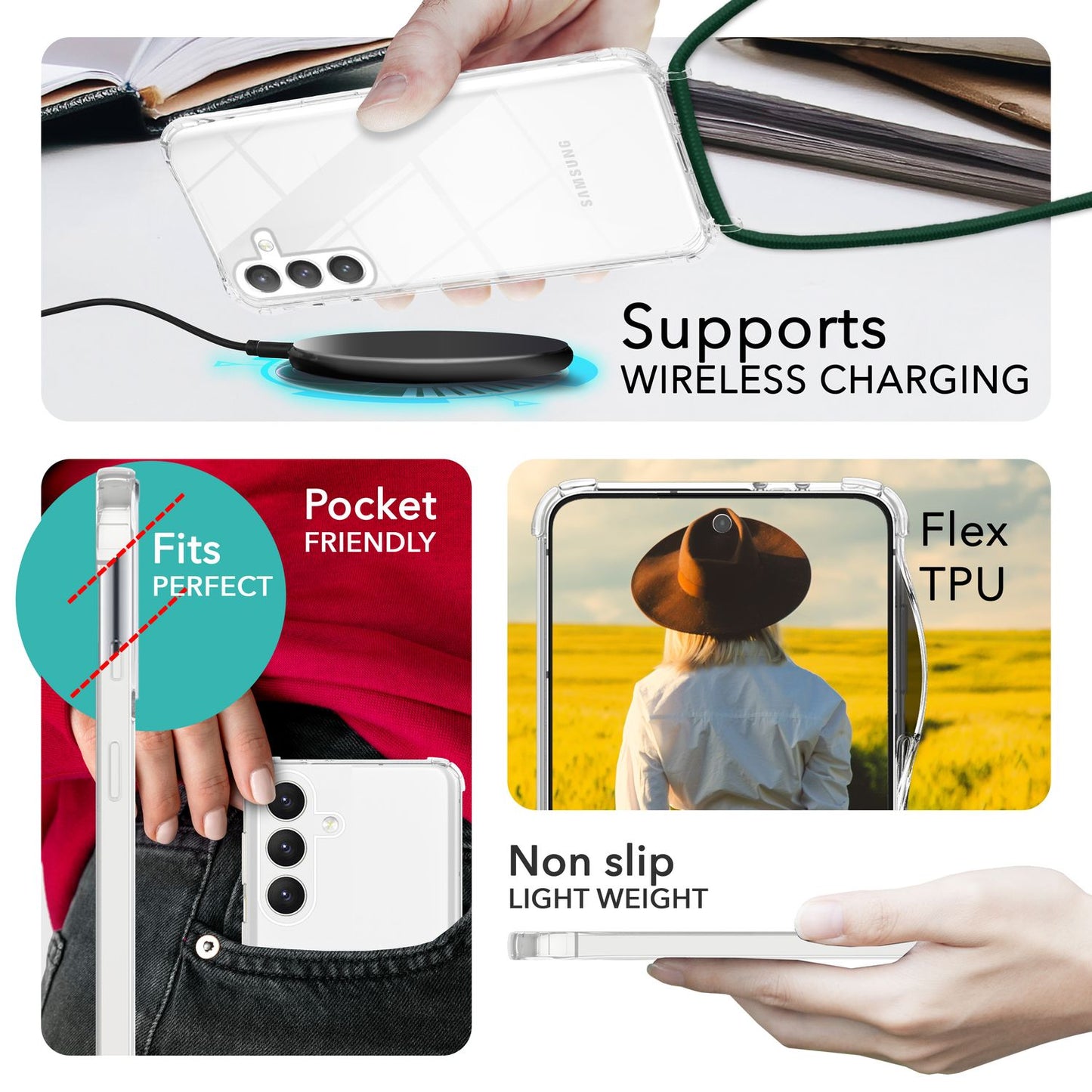 NALIA Klare Schutzhülle mit Kette für Samsung Galaxy S24 Hülle, Transparente Stabile Handyhülle mit Band zum Umhängen