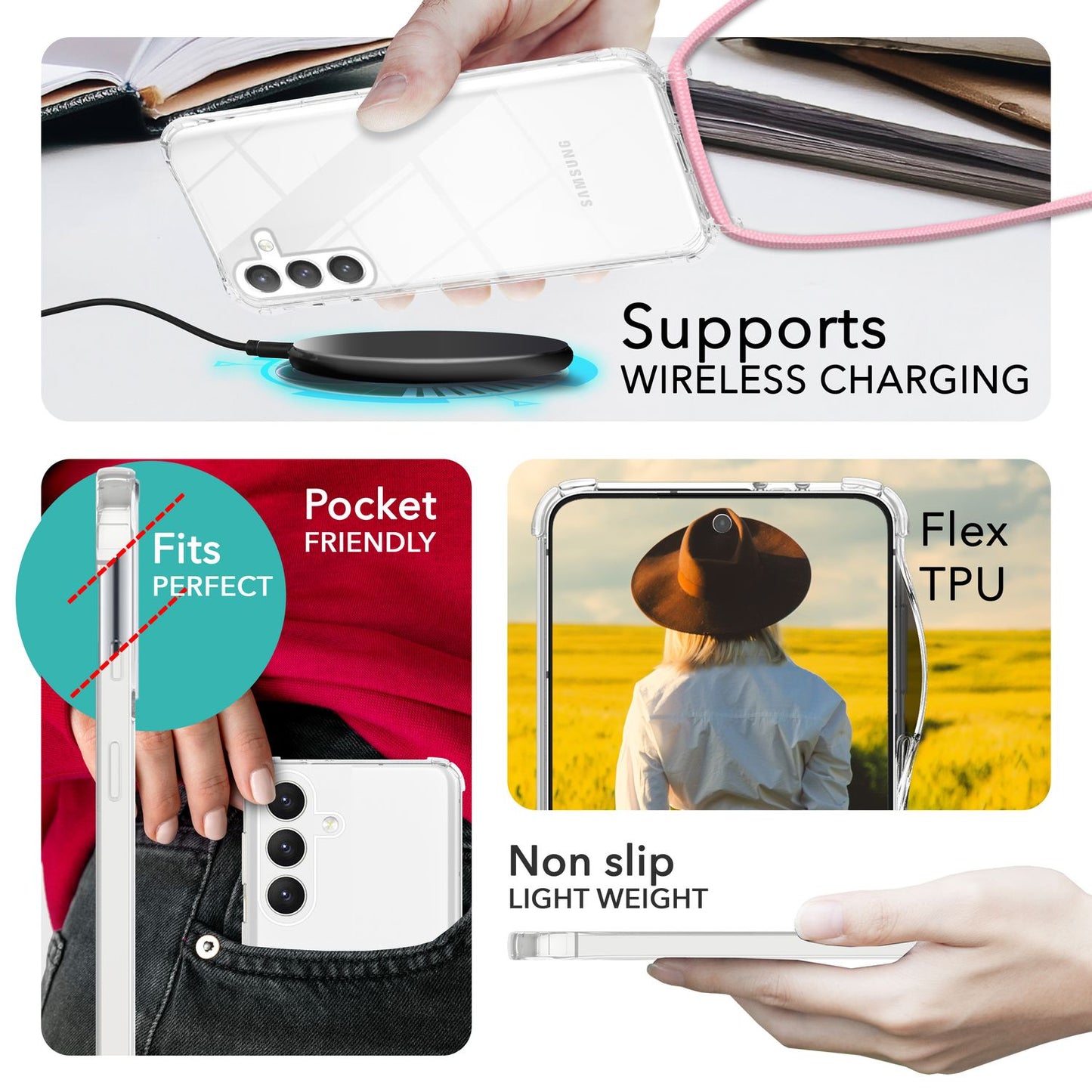 NALIA Klare Schutzhülle mit Kette für Samsung Galaxy S24 Plus Hülle, Transparente Stabile Handyhülle mit Umhänge-Band