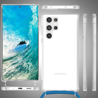 NALIA Handykette für Samsung Galaxy S24 Ultra – Transparentes Hybrid-Case & Band – HANGIT PRO (Anti-Gelb Rückseite & Verstellbar) – Marke aus Berlin Blau NALIA Transparente Hülle