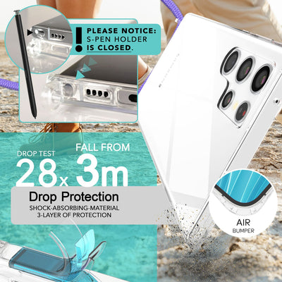 NALIA Handykette für Samsung Galaxy S24 Ultra – Transparentes Hybrid-Case & Band – HANGIT PRO (Anti-Gelb Rückseite & Verstellbar) – Marke aus Berlin Lila NALIA Transparente Hülle