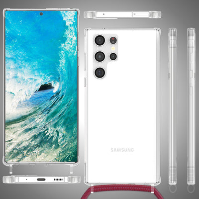 NALIA Handykette für Samsung Galaxy S24 Ultra – Transparentes Hybrid-Case & Band – HANGIT PRO (Anti-Gelb Rückseite & Verstellbar) – Marke aus Berlin Rot NALIA Transparente Hülle
