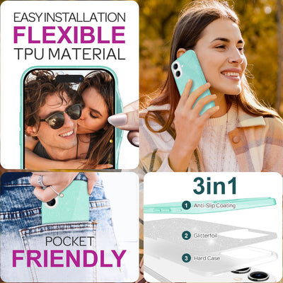 NALIA Glitzerhülle für iPhone 16 – Funkelnder Glitzer-Look & Grip – SHINEPOP (Silikon Case) – Marke aus Berlin Mint-Grün NALIA Protective Hülle