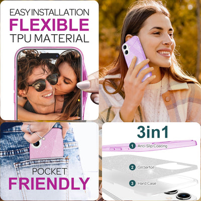 NALIA Glitzerhülle für iPhone 16 – Funkelnder Glitzer-Look & Grip – SHINEPOP (Silikon Case) – Marke aus Berlin Lila NALIA Protective Hülle