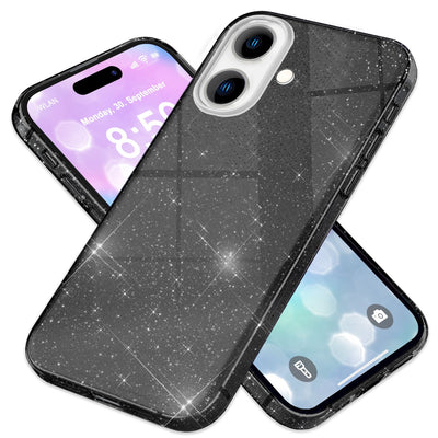 NALIA Glitzerhülle für iPhone 16 – Funkelnder Glitzer-Look & Grip – SHINEPOP (Silikon Case) – Marke aus Berlin Schwarz NALIA Protective Hülle