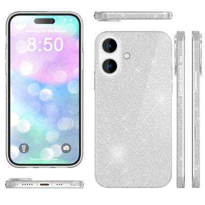 NALIA Glitzerhülle für iPhone 16 – Funkelnder Glitzer-Look & Grip – SHINEPOP (Silikon Case) – Marke aus Berlin Silber NALIA Protective Hülle